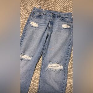 Levi's 501 Light Blue Distressed Straight Jeans Fly Button Closure
